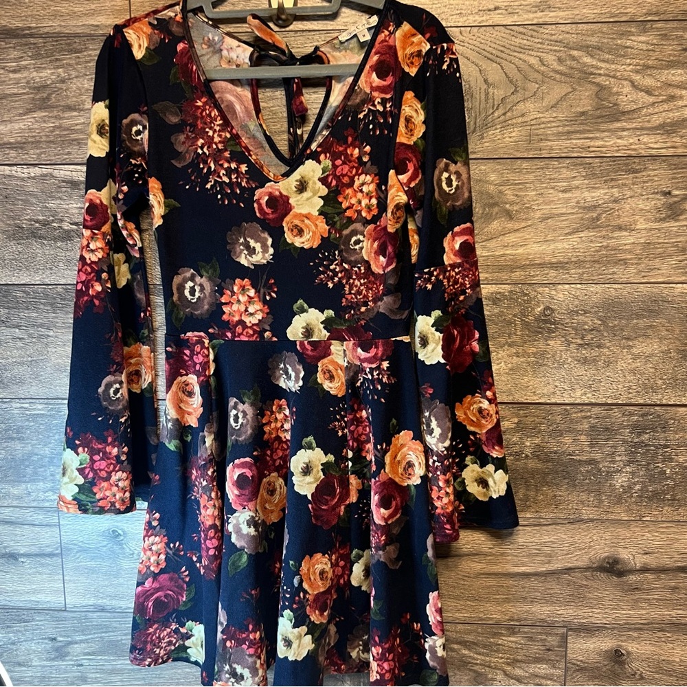 Moa Moa Floral Long Sleeve Dress - Blue and Multicolor